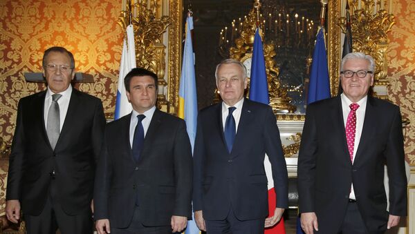 Ministros das Relações Exteriores do quarteto da Normandia - a partir da esquerda: Sergei Lavrov (Rússia), Pavlo Klimkin (Ucrânia) Jean-Marc Ayrault (França) e Frank-Walter Steinmeier (Alemanha) - Sputnik Brasil