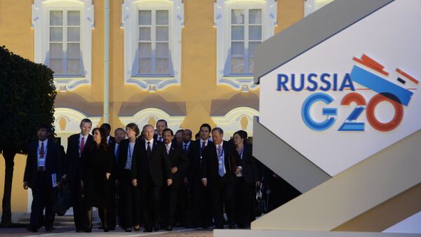 Logo da cúpula do G20 na Rússia, em 2013. - Sputnik Brasil