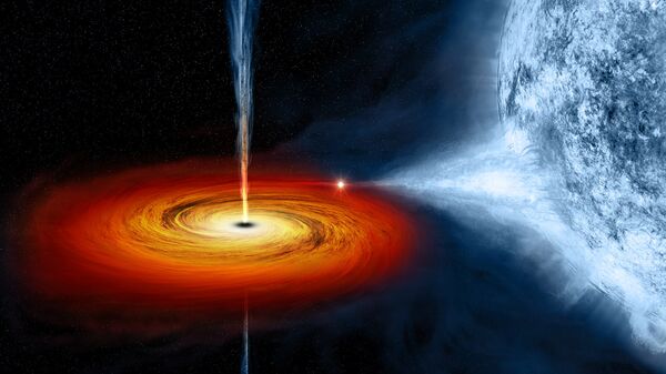 Buraco negro que está arrastrando a matéria da estrela azul na visão de um artista (imagem referencial) - Sputnik Brasil