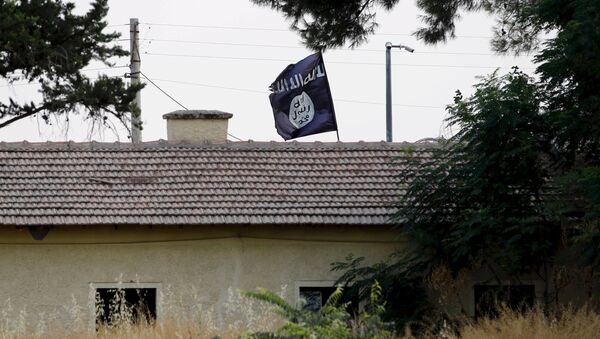 Bandeira do Daesh em um prédio localizado na fronteira da Síria com a Turquia - Sputnik Brasil