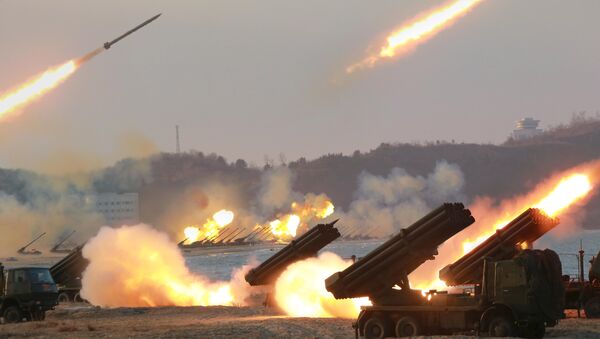 Lançadores múltiplos de foguetes vistos quando estavam disparando durante um treinamento em lugar desconhecido da Coreia do Norte. - Sputnik Brasil