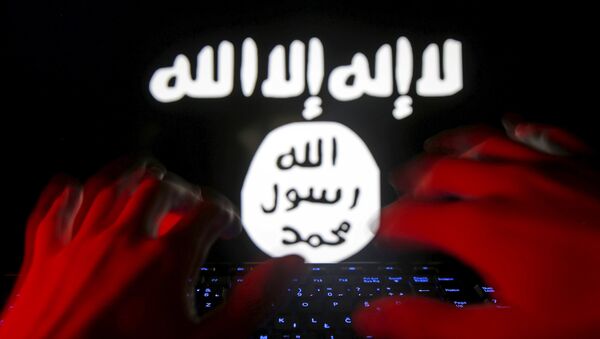 A man types on a keyboard in front of a computer screen on which an Islamic State flag is displayed, in this picture illustration taken in Zenica, Bosnia and Herzegovina, February 6, 2016 - Sputnik Brasil