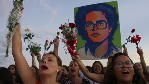 Mulheres carregam flores e retrato de Dilma enquanto militante anti-ditadura em um ato de 19 de abril de 2016 no Planalto - Sputnik Brasil