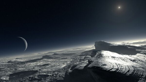 Representação artística da superfície de Plutão com Caronte à distância - Sputnik Brasil