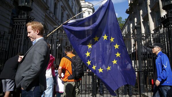 Homem carrega uma bandeira da União Europeia depois do referendo britânico, Londres. Reino Unido, 24 de junho de 2016 - Sputnik Brasil