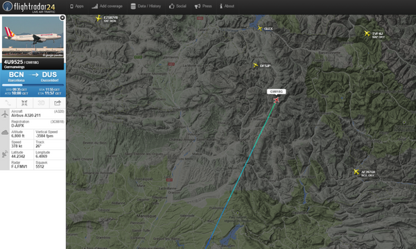 Screenshot do site Flightradar24, que mostra o avião A320 caido - Sputnik Brasil