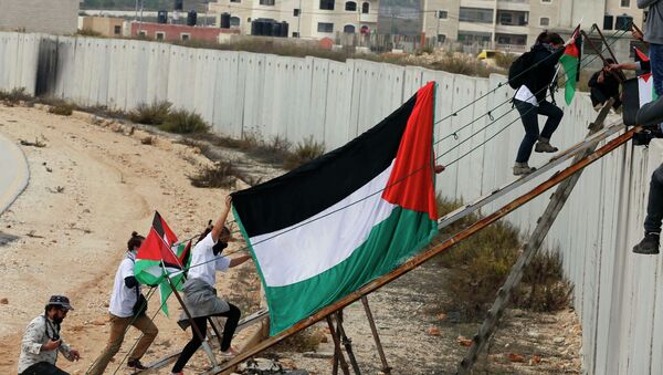 Ativistas estrangeiros e palestinos usam rampa para atravessar barreira israelense - Sputnik Brasil