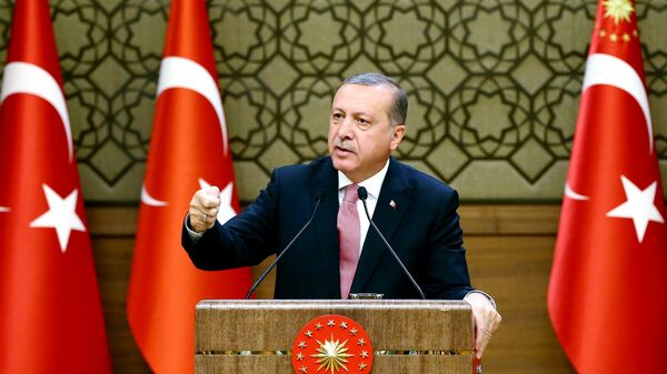 Presidente turco Recep Tayyip Erdogan fala durante a reunião com investidores internacionais no Palácio presidencial em Ancara, Turquia, 2 de agosto de 2016 - Sputnik Brasil