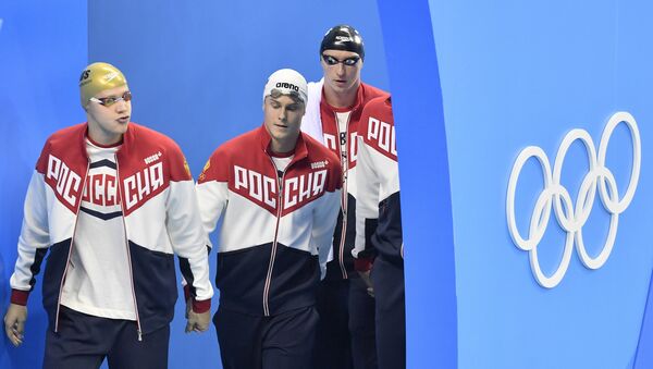 Nadadores russos Andrey Grechin, Danila Izotov, Vladimir Morozov e Aleksandr Sukhorukov nas Olimpíadas Rio-2016, 7 de agosto de 2016 - Sputnik Brasil