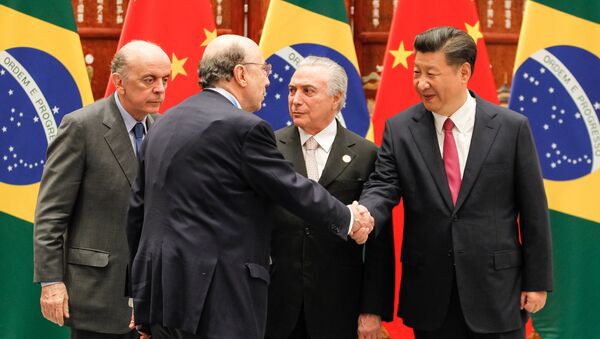 José Serra, Henrique Meirelles, Michel Temer e o presidente da Cina, Xi Jinping - Sputnik Brasil