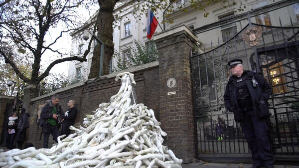 Braços plásticos no portão da embaixada russa em Londres - Sputnik Brasil