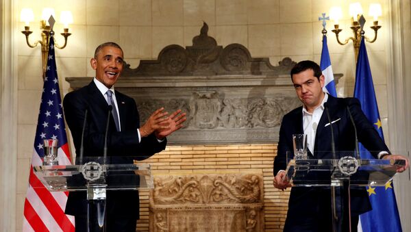 Presidente dos EUA Barack Obama ao lado do premiê grego Alexis Tsipras em Atenas, 15 de novembro de 2016 - Sputnik Brasil