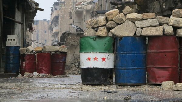 Uma bandeira síria improvisada em um bairro da zona leste de Aleppo libertado pelo exército nacional, em 13 de dezembro de 2016 - Sputnik Brasil