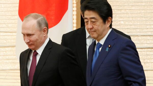 O presidente russo Vladimir Putin anda com o primeiro-ministro japonês Shinzo Abe na chegada para um almoço de negociações em Tóquio, Japão, sexta-feira, 16 de dezembro de 2016 - Sputnik Brasil
