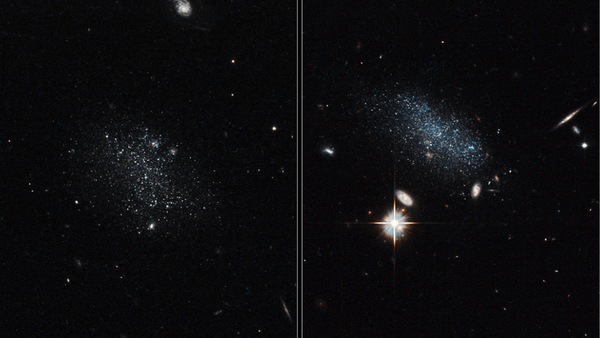 NASA's Hubble Space Telescope has captured the glow of new stars in these small, ancient galaxies, called Pisces A and Pisces B.  Read more at: http://phys.org/news/2016-08-hubble-uncovers-galaxy-pair-wilderness.html#jCp - Sputnik Brasil
