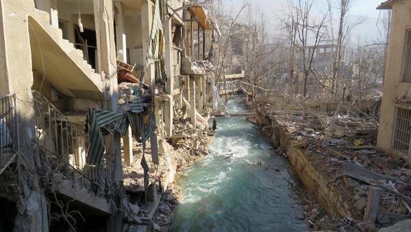 A foto mostra a área perto da estação de bombeamento de água de Ain al-Fijeh, nos arredores de Damasco, em 29 de janeiro de 2017, após o exército sírio aí ter entrado, pela primeira vez em quatro anos, depois de um acordo com os rebeldes. - Sputnik Brasil