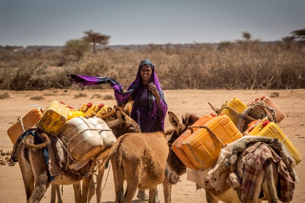Mulher com burros que carregam latas vazias na Somália - Sputnik Brasil