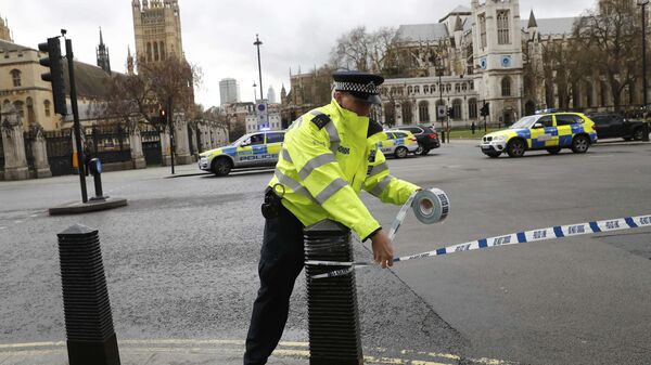 Um agente da polícia britânica sela o acesso à praça do Parlamento, em Londres, após tiroteio - Sputnik Brasil