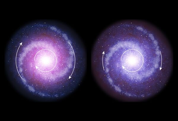 Graças aos estudos quanto à distribuição de matéria obscura pelos cantos do Universo, os investigadores chagaram à conclusão de que a matéria referida era ausente nas primeiras galáxias ou existia, mas se comportava de modo diferente. A foto mostra uma galáxia moderna que contém matéria obscura (à esquerda) e uma galáxia antiga - Sputnik Brasil