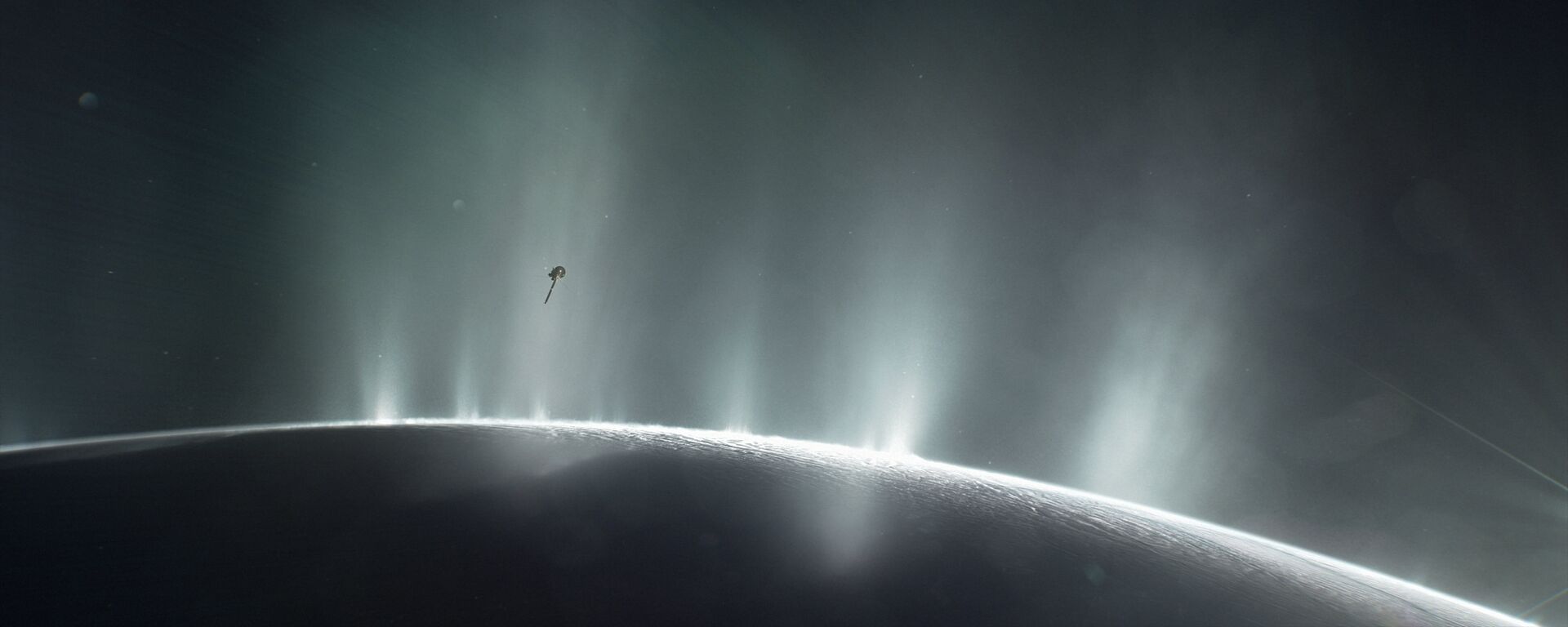 Esta ilustração mostra o mergulho de Cassini através da pluma de Encélado em 2015. As descobertas do mundo oceânico feitas pela Cassini e pelo Hubble ajudarão a informar a exploração futura e a busca mais efetiva de vida além da terra. - Sputnik Brasil, 1920, 31.05.2023