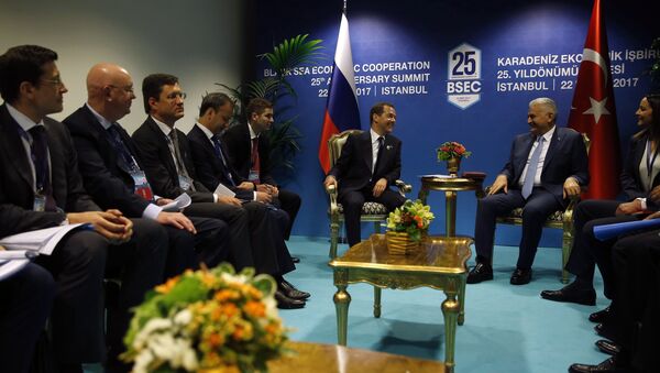 O primeiro-ministro russo, Dmitry Medvedev, em encontro com o seu homólogo turco, Binali Yildirim, em Istambul - Sputnik Brasil