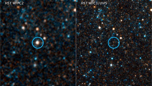 This pair of visible-light and near-infrared photos from NASA's Hubble Space Telescope shows the giant star N6946-BH1 before and after it vanished out of sight by imploding to form a black hole - Sputnik Brasil