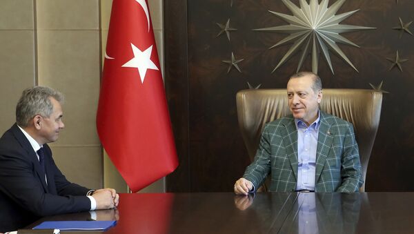 Presidente turco, Recep Tayyip Erdogan, em encontro com o ministro da Defesa russo, Sergei Shoigu - Sputnik Brasil