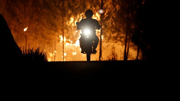Um bombeiro anda de moto em direção oposta ao incêndio florestal na aldeia de Mação, perto de Castelo Branco, em Portugal - Sputnik Brasil