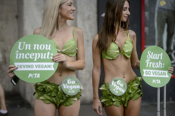 Ativistas Ladies de Alface do grupo PETA apelam ao vegetarianismo na Romênia - Sputnik Brasil