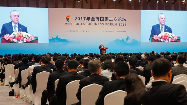 Presidente Michel Temer, durante a abertura do Fórum Empresarial do BRICS em Xiamen, China - Sputnik Brasil