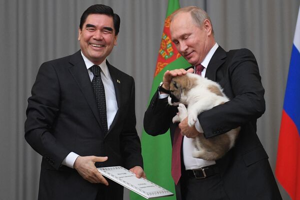 Presidente russo, Vladimir Putin, recebe presente do seu homólogo turcomeno, Gurbanguly Berdimuhammedov - Sputnik Brasil