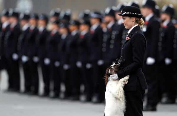 Uma policial com cachorro durante a parada da Academia de Polícia em Londres, Reino Unido - Sputnik Brasil