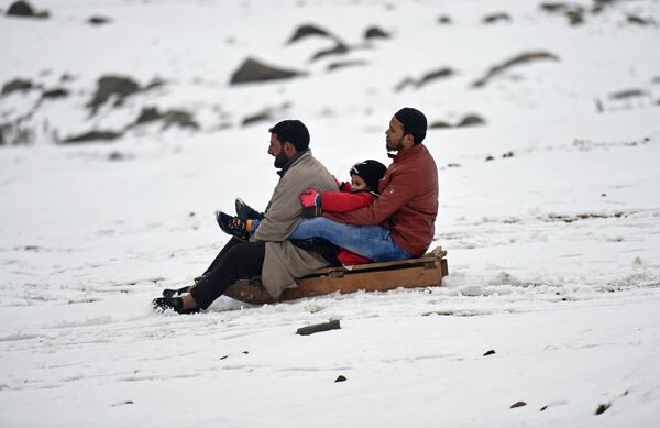 Moradores de Kashmir andam de trenó após nevasca - Sputnik Brasil