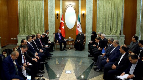 Presidente turco, Tayyip Erdogan, no encontro com o seu homólogo iraniano, Hassan Rouhani, Sochi, 22 de novembro de 2017 - Sputnik Brasil